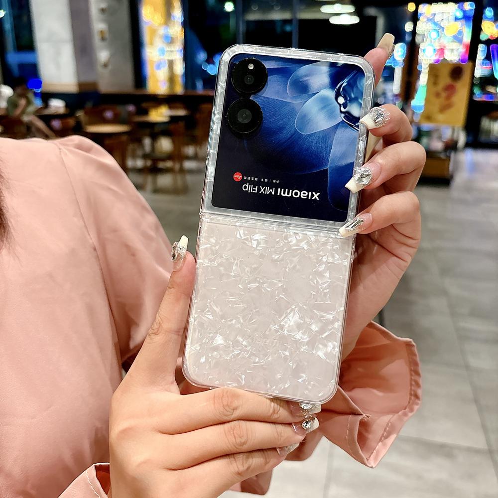 KEYSION Luxury Diamond Glossy Shell Pattern Case for Xiaomi Mix Flip Hard PC Women's Shockproof Phone Cover for Xiaomi Mix Flip