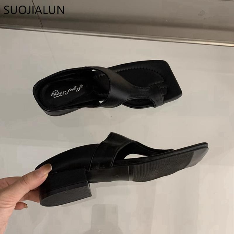 Fashion SUOJIALUN 2024 Summer New Brand Women Slipper Fashion Gold Ladies Elegant Slides Square Low Heel Dress Casual Flip Flops Shoes