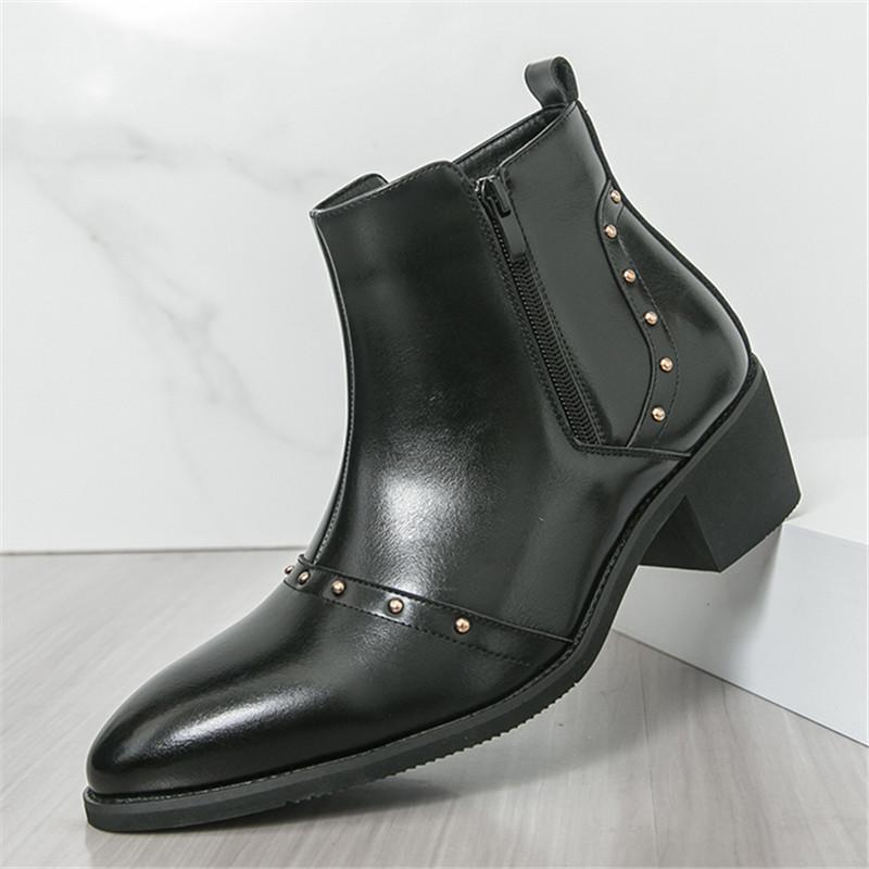 Designer New Men's Pointed Punk Rivet Patent Leather Chelsea Casual Ankle Boot Male Winter High Tops Cuban Shoes Zapatos Hombre