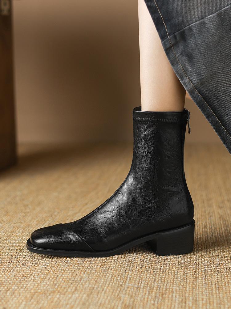 Short boots women's boots 2025 autumn and winter new leather boots with plush thick heels and elastic slimming boots