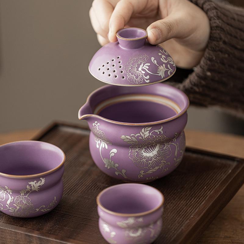 Gilded Silver Peony Wrapped Lotus Gourd Travel Tea Set Purple Ru Kiln Can Raise Ceramic Kuaike Cup Outdoor Camping Tea Gifts