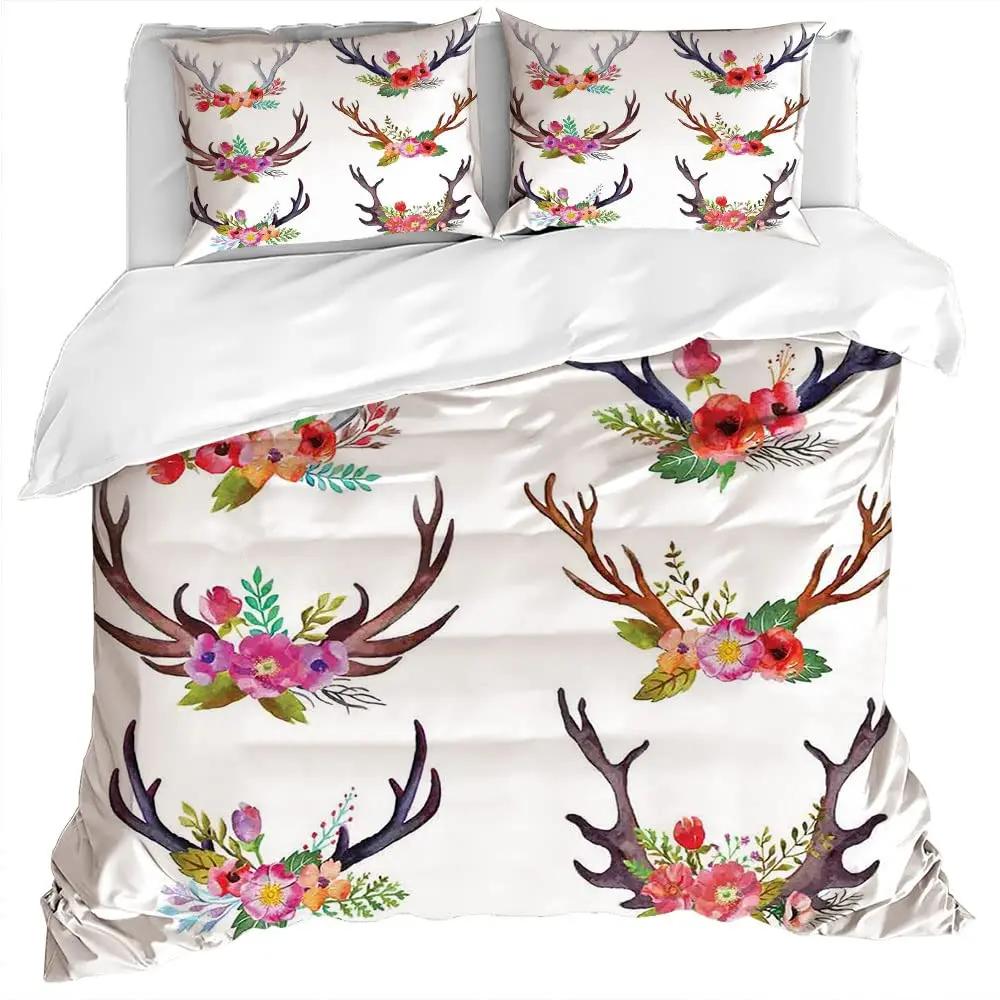 Antler King Queen Duvet Cover Whitetail Deer Bedding Set Wild Fawn Quilt Cover Countryside Rural Animal Brown Comforter Cover