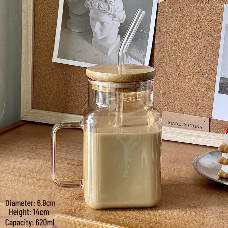 Floral Glass Straw Cup with Square Lid & Handle - High Borosilicate Transparent Design