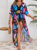 Women Plus Size Geometric Color Block Print Long Kimono Cover Up Sheer Chiffon Drawstring Waist Bikini Cardigan Summer Beach Swim Cover Robe