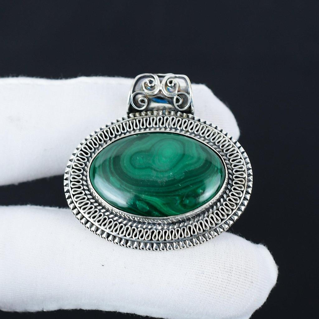 Naturlig Malakit Ädelsten Silverhänge i 925 Sterling Silver - Handgjord Design, Smycken för Vardagsbruk, Antika Hängsmycken Gåvor Till Mamma