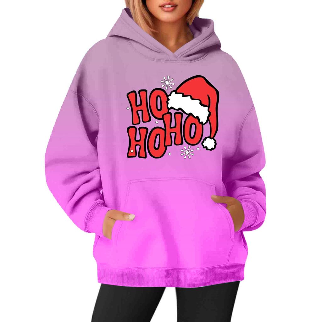 Women's Sweatshirts Round Neck Long Sleeve Christmas Printed Top Solid Color Hoodie