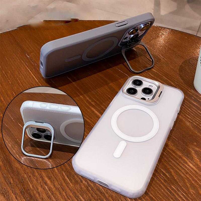 Metal Camera Kickstand For iPhone 16 15 14 Plus 13 12 Mini 11 Pro Max For Magsafe Wireless Charge Magnet Matte Shockproof Cover