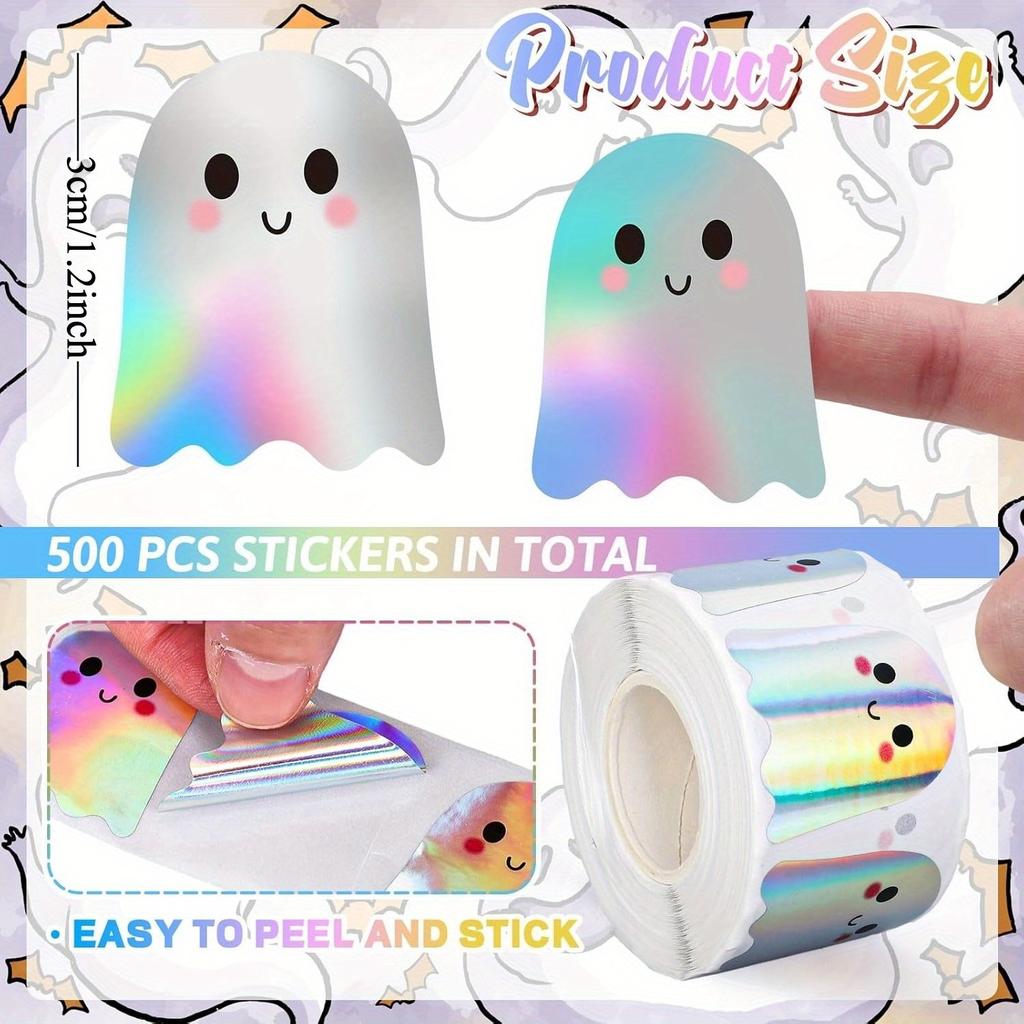 500pcs/1roll Halloween Boo Ghost Stickers Laser Holographic Waterproof Envelopes Journals Party Supplies Halloween Decorations