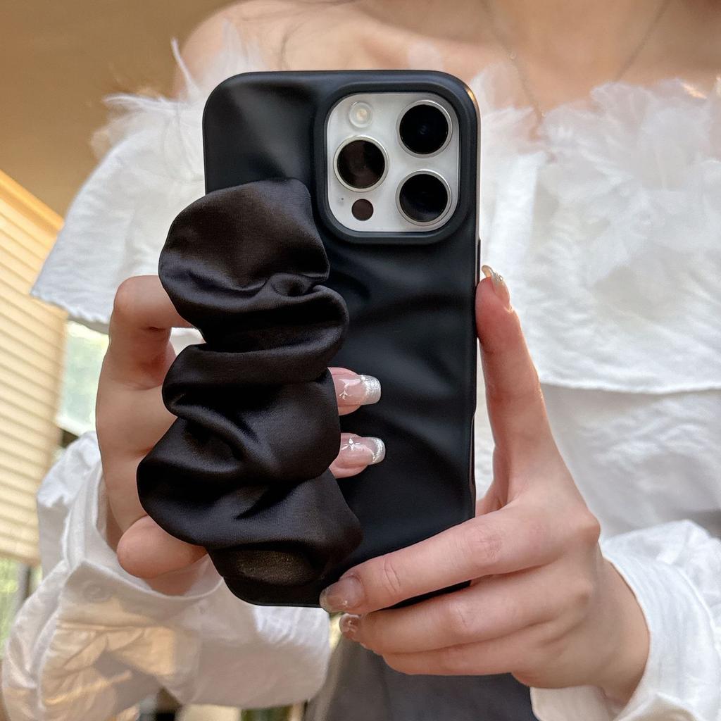 Minimalist Irregular Wrinkle Phone Case with Silk Scarf Wristband for iPhone 11-17 Series, TPU Shockproof Cover with Skin-Friendly Matte Finish