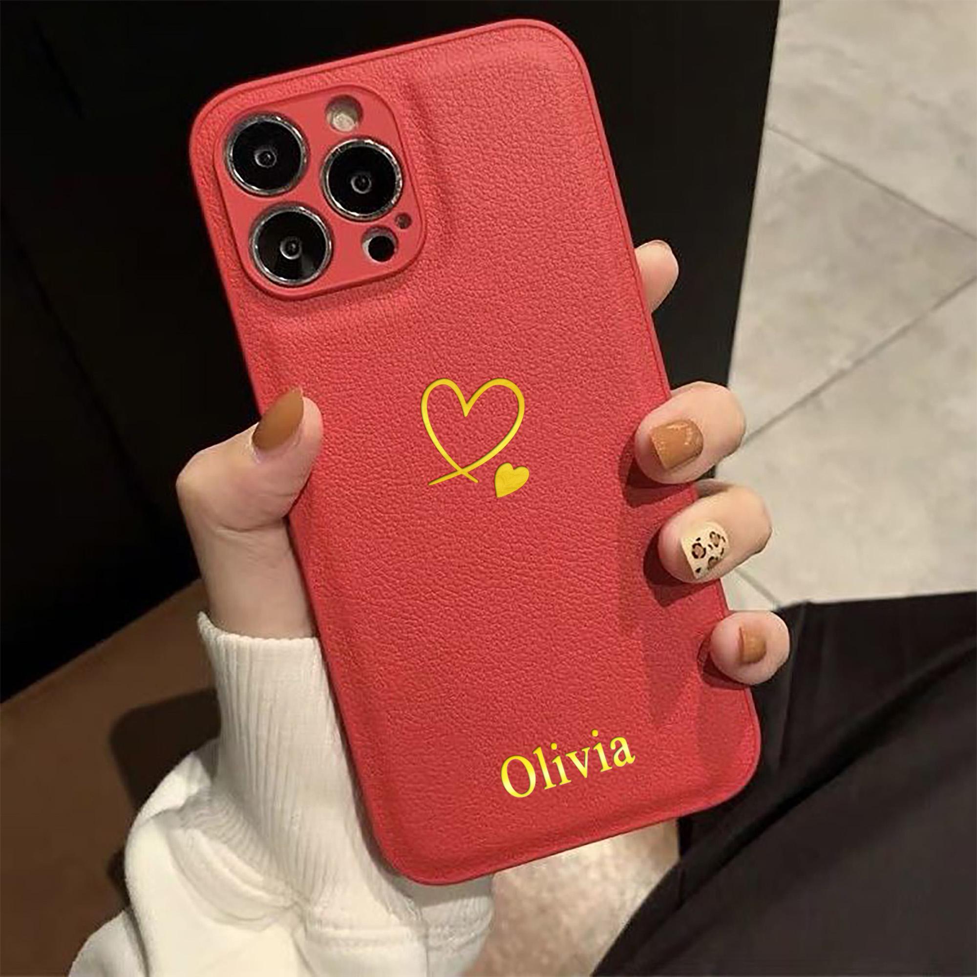 

Luxury Custom Name Heart Shaped Pattern Case For iPhone 17 16 15 14 13 12 11 Pro Max Plus Hot Foil Engraved Faux Leather Case For iPhone 12 Pro
