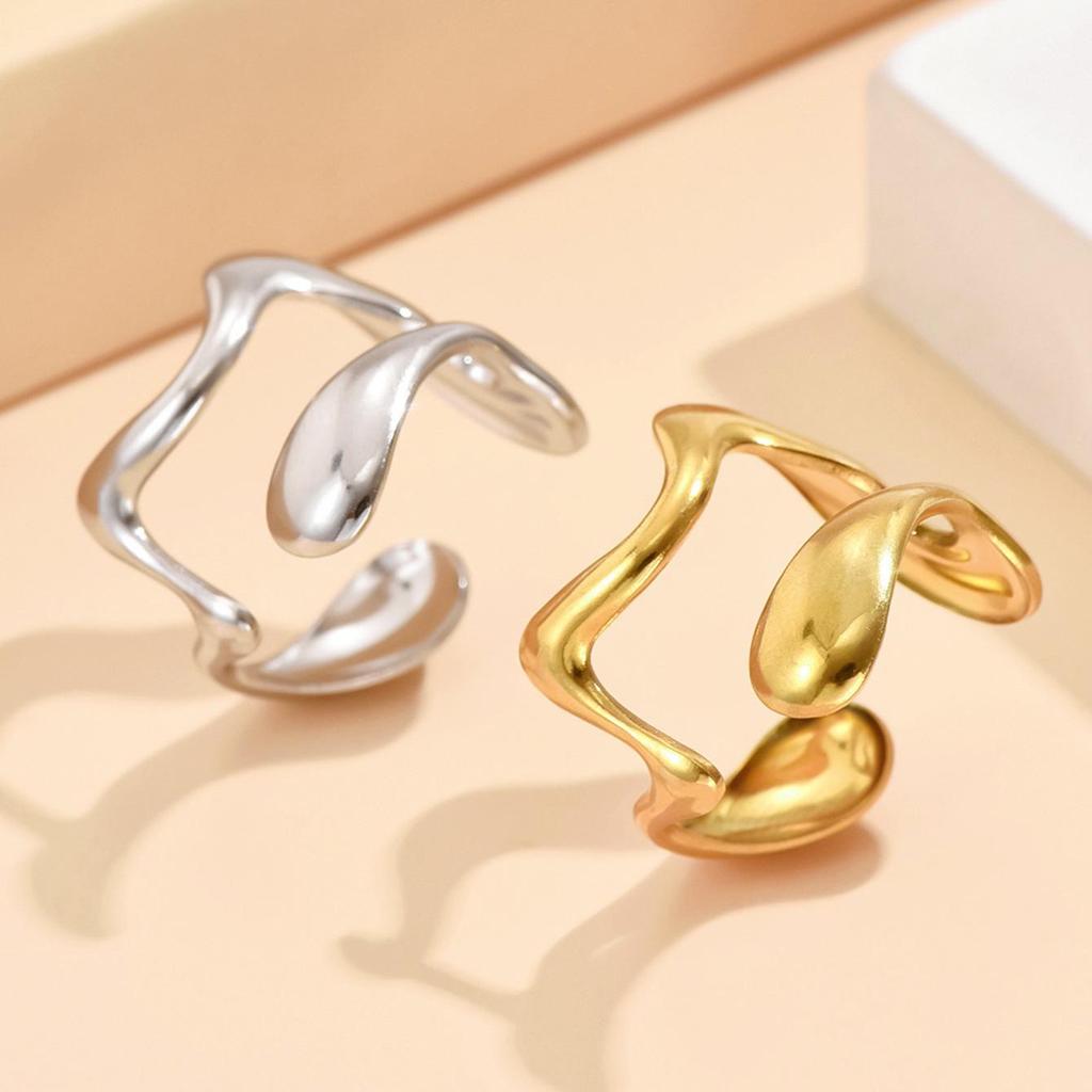 Geometric Irregular Open Design Adjustable Stainless Steel Ring In Artistic Cold Style