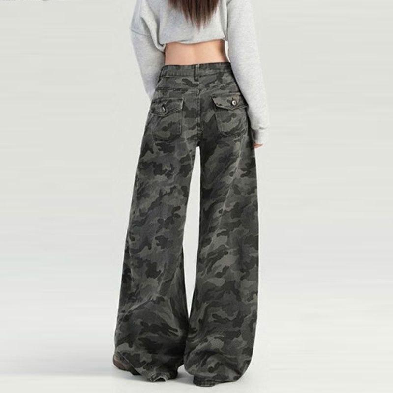 Fat Wide-leg Camouflage Jeans Women's Clothing Large Size Meat-covering Pear-shaped Tooling High Waist Loose Mopping Straight Trousers