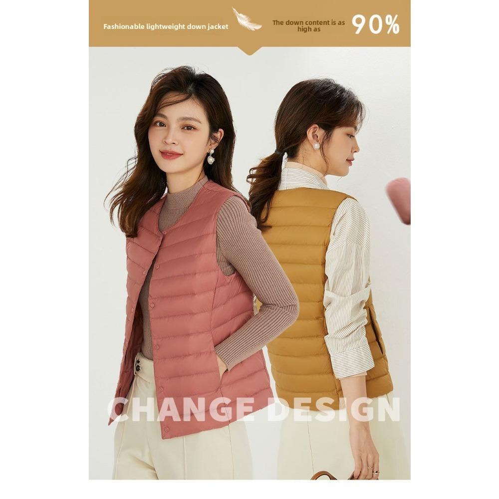 Women Collarless Down Vest Lightweight V Neck Warm Inner Liner Plus Size