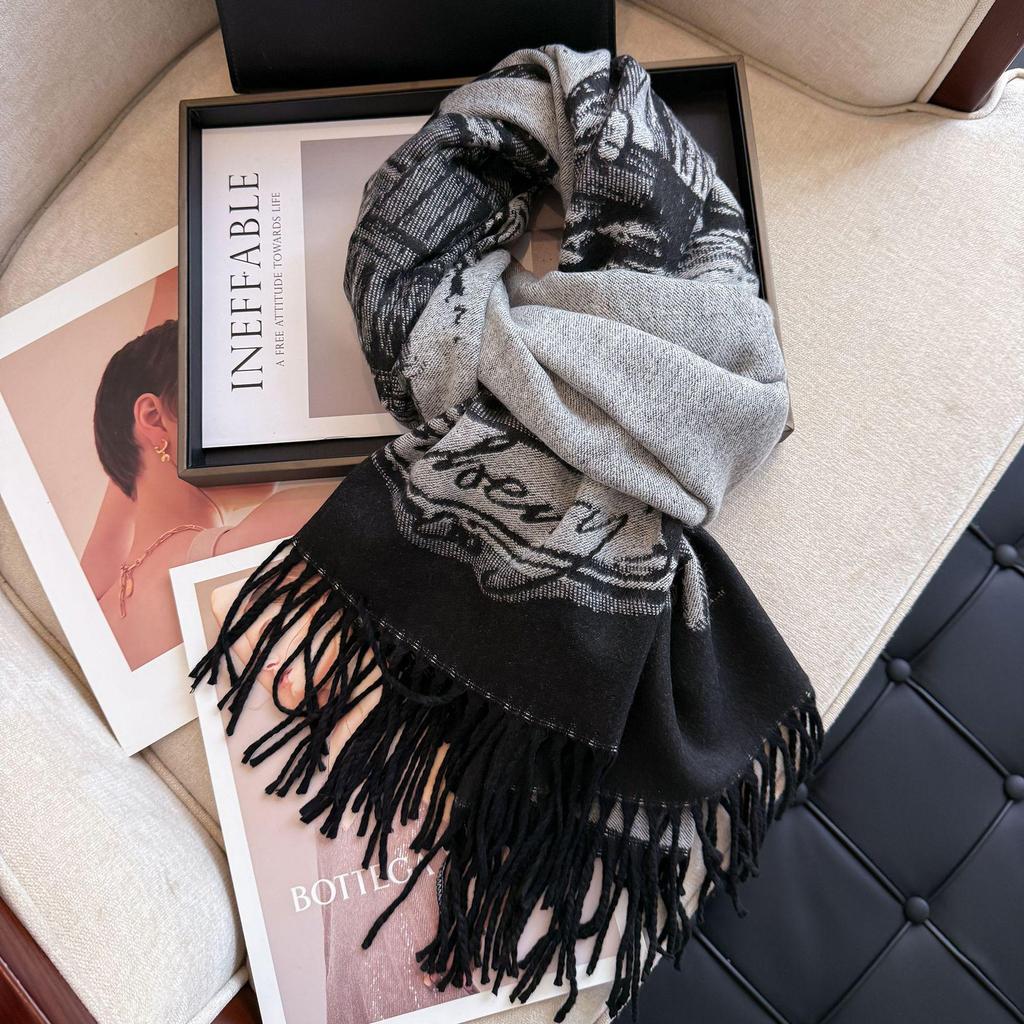 Luxury Autumn-Winter Core-Spun Yarn Scarf: Letter Style Imitation Cashmere Tassel Shawl for Warmth