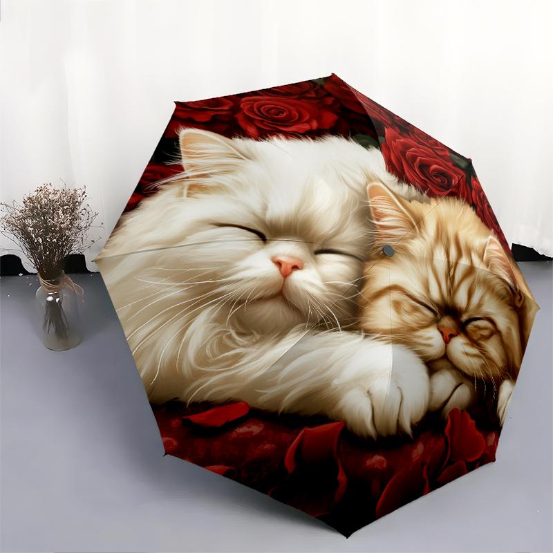 Rose and Persian Cat Pattern, Automatic Folding Umbrella, Portable and Foldable Design, 8 Ribs, a Christmas or Birthday Gift.