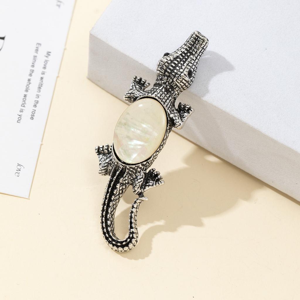 Natural Stone Shell Brooch Crocodile-Shaped Brooch For Elegant Formal Coat Jewelry Accessory 68x22mm