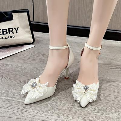 Fashion 2024 Summer New External Sandals Women's Pointed Bow Pearl Shallow Mouth Fairy Style Comfortable High Heel Single Shoes