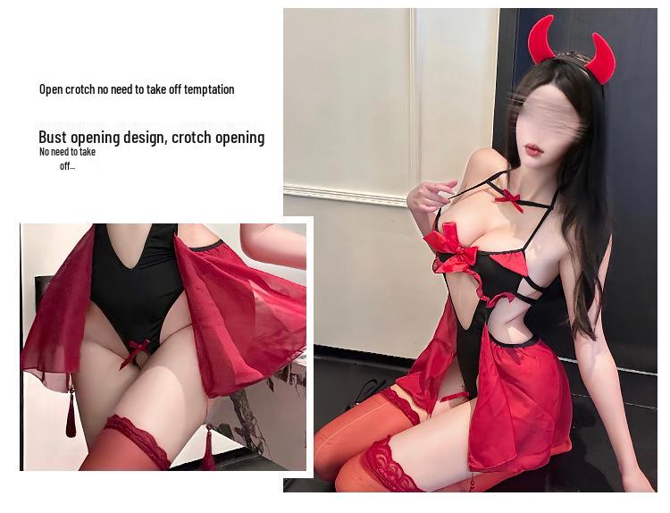 Sultry Devil Cosplay Lingerie Set - Women's Halloween Passion Bodysuit & Removable Robe