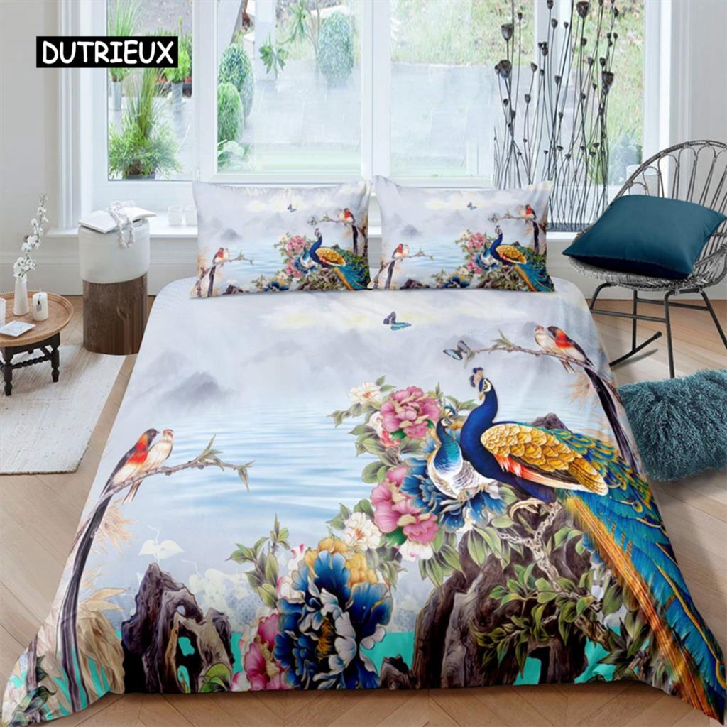 Luxury Pink Peacock Duvet Cover Floral Bedding Set Retro Peacock Feather Theme Comforter Cover for Bedroom