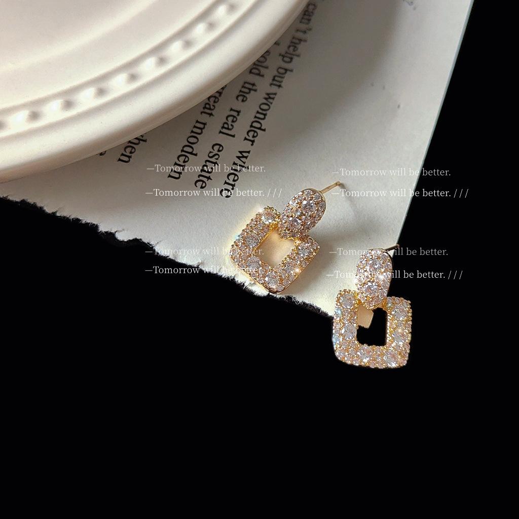 Super Flash Micro-inlaid Zircon 925 Silver Needle Plated 14K Japanese and Korean Ins Square Geometric Earrings, Earrings Stud Earrings