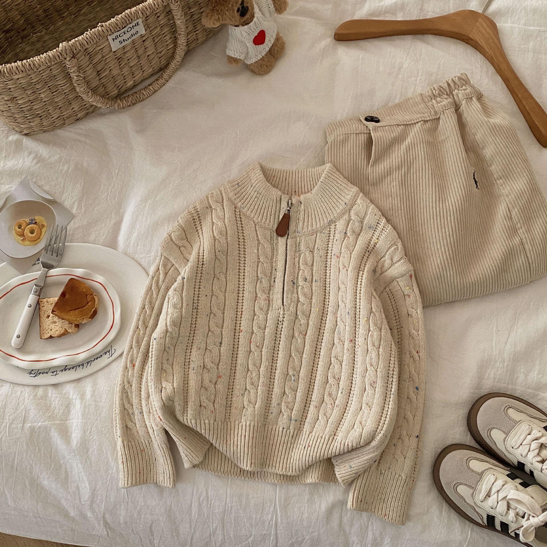 

2025 A/W Kids Color Dot Half-Zip Cable Knit Sweater - Stylish, Versatile Pullover 130 cm