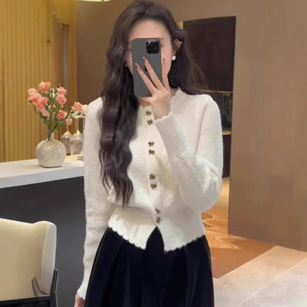 French small fragrant lace solid color short sweater jacket spring and autumn new top elegant wind knitted sweater women