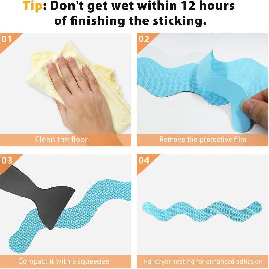 24PCS Bathtub Non Slip Stickers Blue Safety Anti Slip Shower Strips Adhesive Decals Scraper for Bath Tub Stairs Steps Floor Ladders with Premium