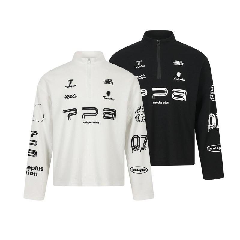 Mens Long Sleeve Polo Shirt With Digital Print Letter Design Stand Collar Breathable Stretch Cotton Casual Outdoor Sport