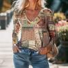 Ladies Spring Autumn Long Sleeve V Neck Loose Printed Pullover T Shirt Blouse Top