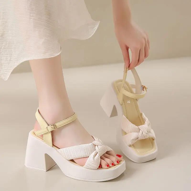 Fashion Square Toe Block Heel Sandals for Women Designer Daily Casual Woman Shoes Luxury Summer 2025 Korea Low Price Comfort Vip Sandal