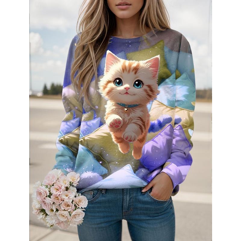 2025 Fashion Women's Cute Cat Graphic Sweatshirt 3D Printed O-Neck Long Sleeve Tops Women's Apparel Y2K Streetwear Fall Pullover