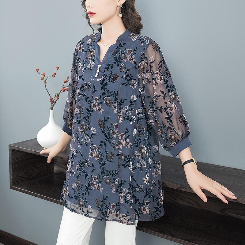 Vintage Elegant Printed Chic Hollow Out Chiffon Midi Blouse Female Clothing Spring Summer 3/4 Sleeve Casual Button V-Neck Shirt