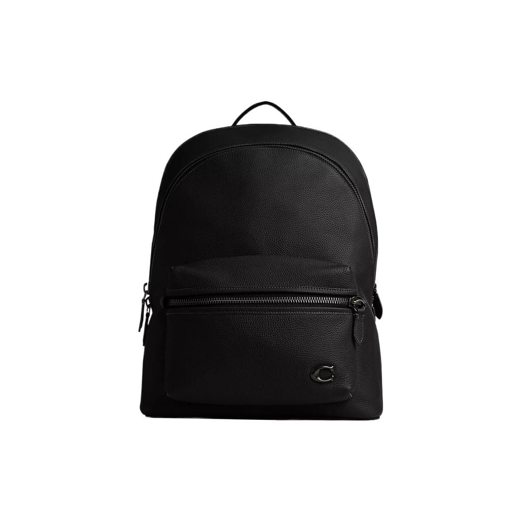 Coach 30 Logo Zipper Closure Polished Pebble Texture Commuter Leather Backpack Large Men backpack Black CP161-BLK