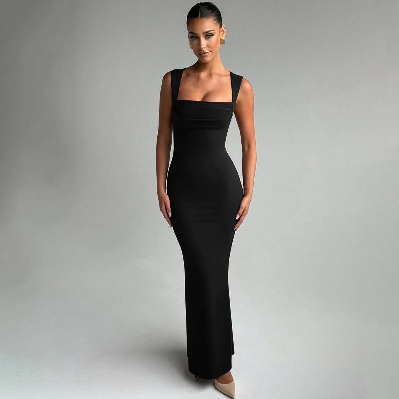 Women Elegant Slim Fit Square Neck Sleeveless Waist Cinched Solid Long Dress