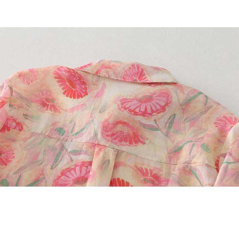 Autumn Pink Floral Shirt Linen Small Shirt French Literary Printing Shirt All-match Women