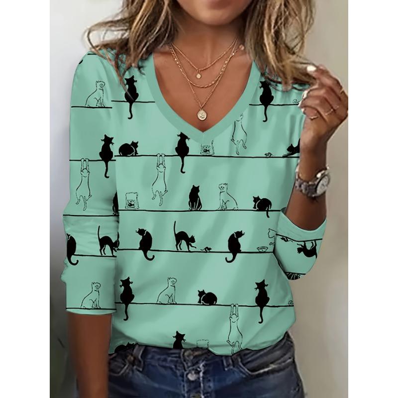 

Футболка с милым принтом кота и V-образным вырезом, повседневный топ с длинными рукавами для женской одежды на весну и осень 4XL