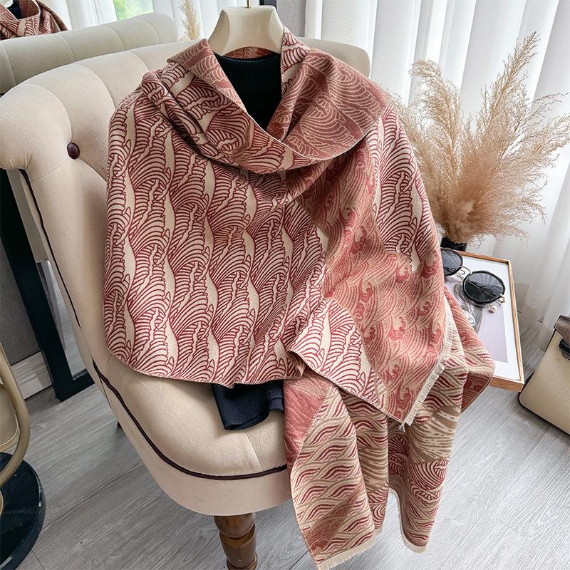 Imitation cashmere scarf, Guochao wave lines, high-end sense, double-sided landscape painting, warm shawl