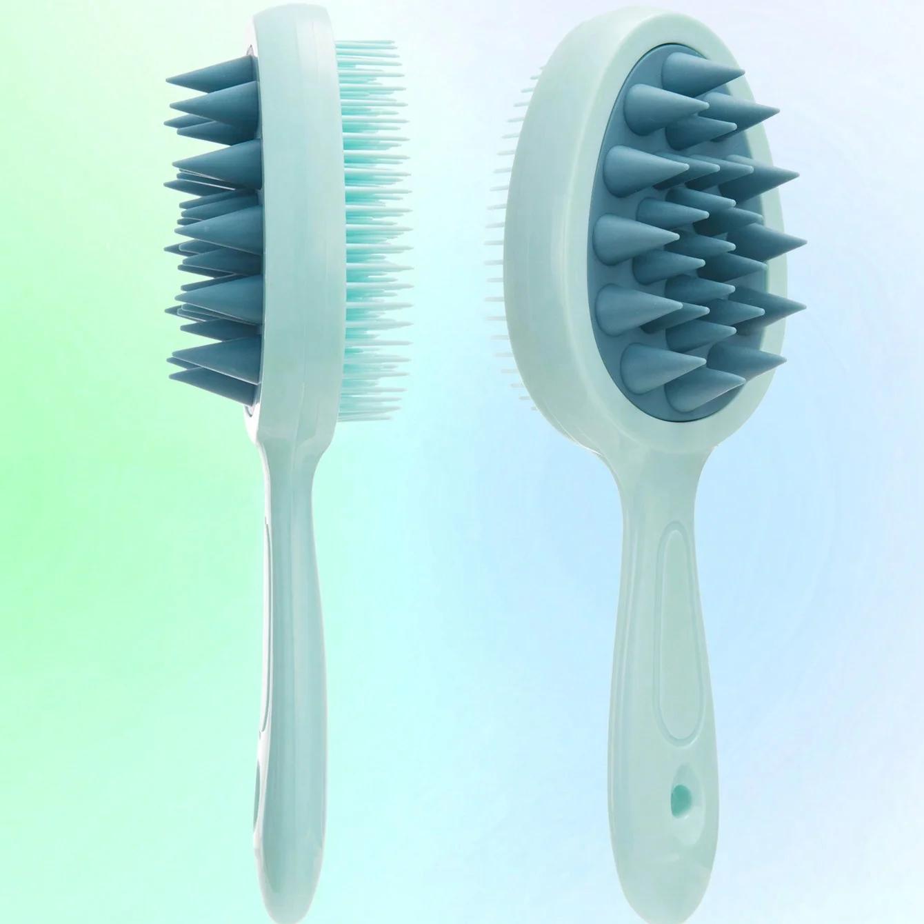 

Распутывающая щетка для волос, расческа двойного назначения с длинной ручкой для массажа и очистки кожи головы, для влажной и сухой уборки с двойным дизайном зубцов зелёный