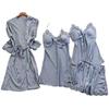 European and American Sexy Pajamas Set: Camisole with Chest Pads, Women's Homewear Robe, and Bathrobe - Four-Piece Set