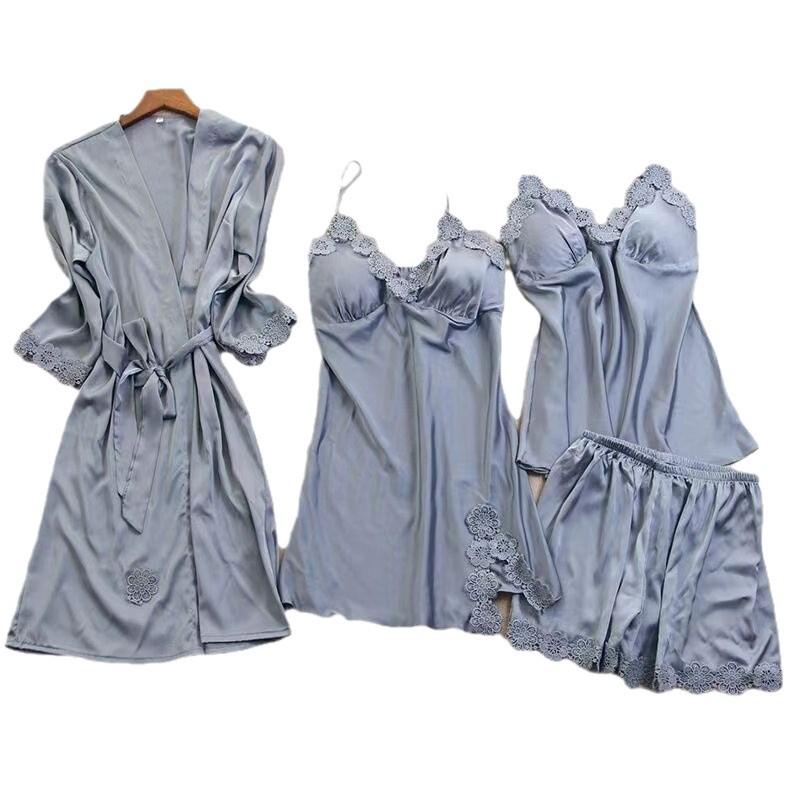 European and American Sexy Pajamas Set: Camisole with Chest Pads, Women's Homewear Robe, and Bathrobe - Four-Piece Set