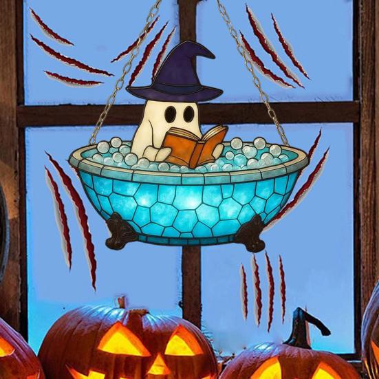 Halloween Suncatcher Stained Glass Window Hanging Light Catcher Ornaments Acrylic Ghost Black Cat Craft for Wall Window Decor