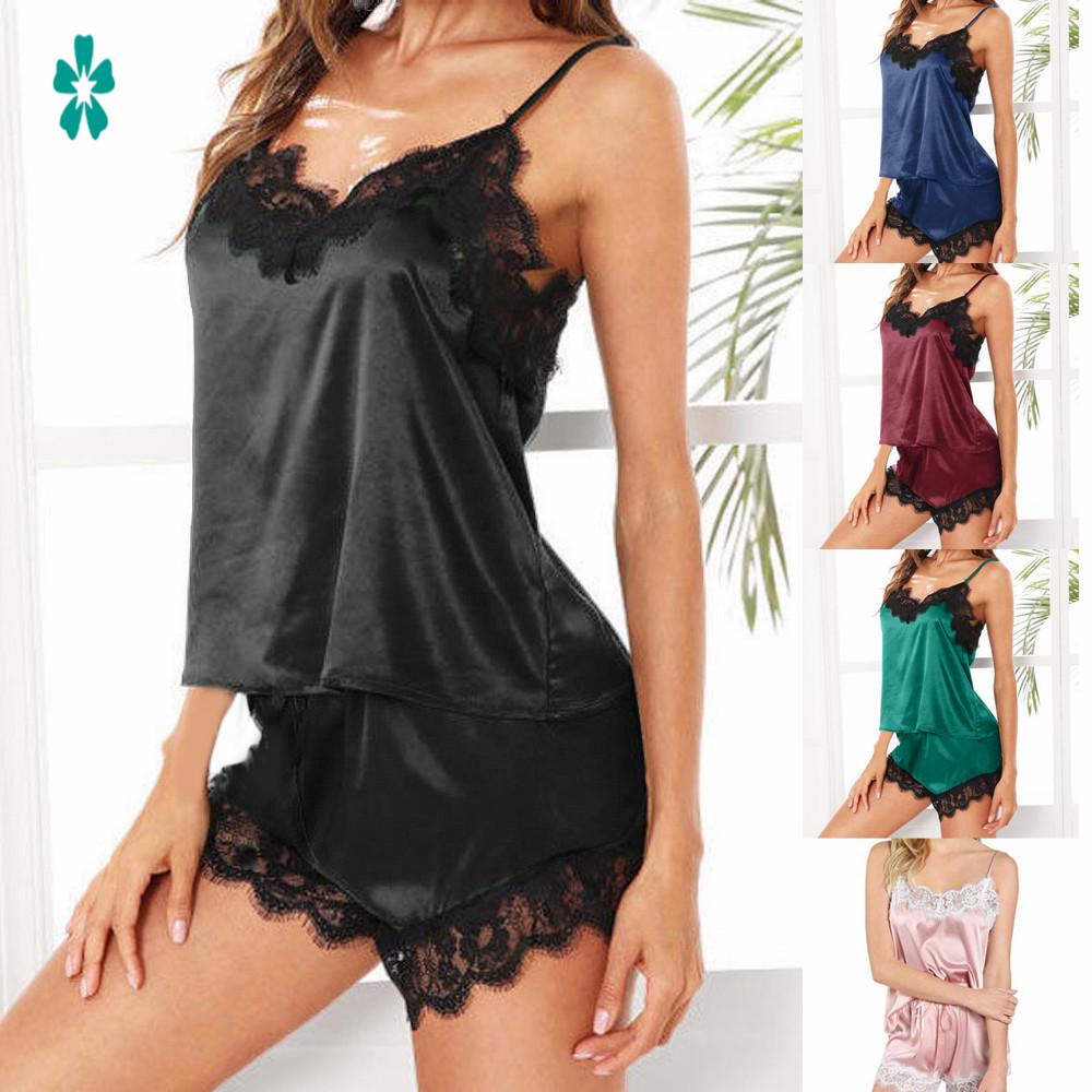 Buy Women Sleepwear Sleeveless Strap Nightwear Lace Trim Satin Cami Top