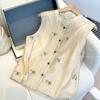 Women Beige Sleeveless Blouse With Floral Embroidery And Green Buttons Casual Chinese Style Summer Top
