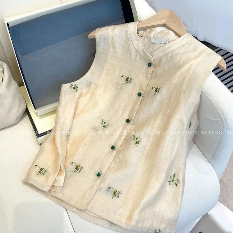 Women Beige Sleeveless Blouse With Floral Embroidery And Green Buttons Casual Chinese Style Summer Top S абрикосовый