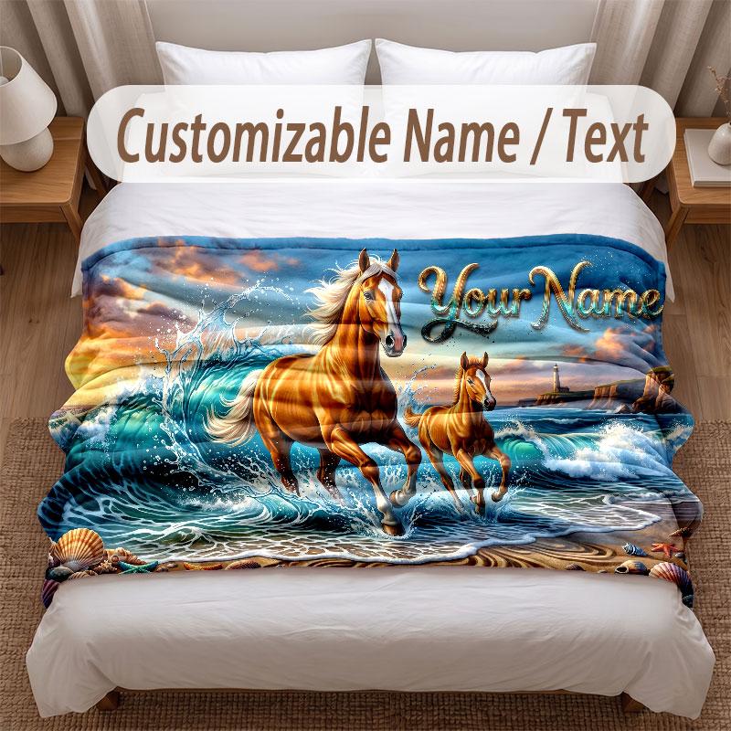Manta Suave Tema Cavalo Personalizada Nome Personalizado Impressão de Texto Manta Quente Decoração de Sofá de Casa Quarto