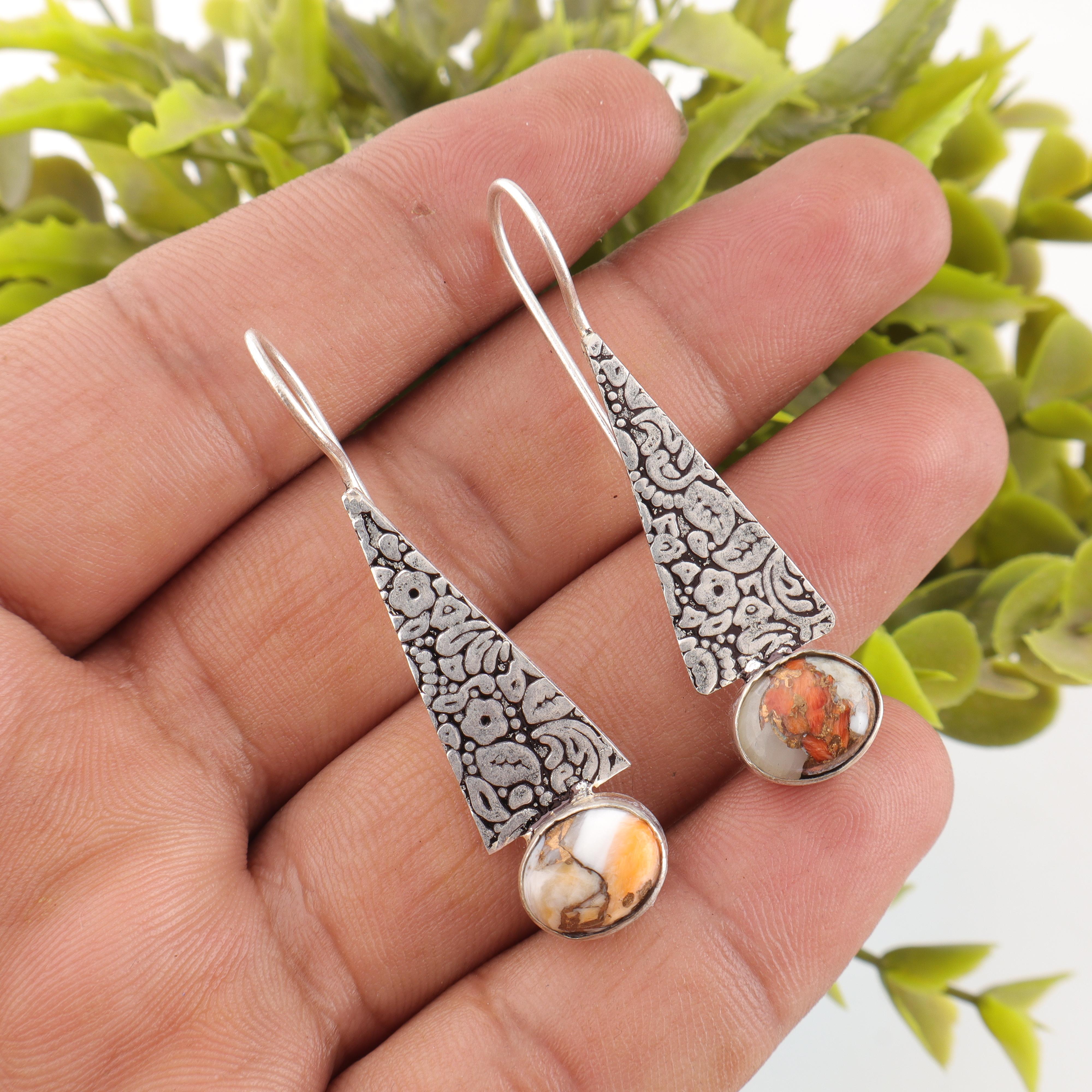 

Orange Copper Turquoise Gemstone Jewelry, 925 Sterling Silver Earrings, Handmade Balancing Earrings For Wedding Gift 1.9 Inches помаранчевий