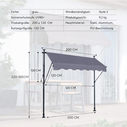 Folding Arm Awning Clamp Awning 200 X 120 cm, Height-Adjustable Sun Protection, Balcony Awning without Drilling, with Hand Crank, UV Protection (Grey)