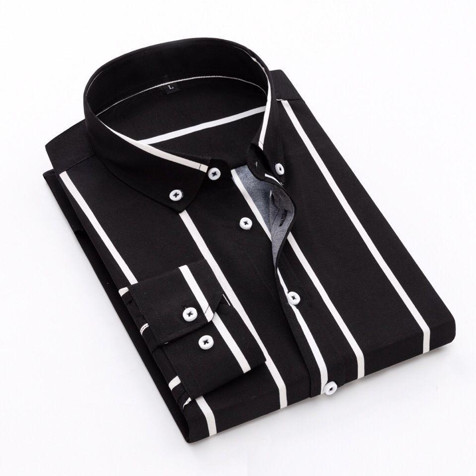 Mens Dress Shirts Striped Long Sleeve Plaid Checked Shirt Smart Casual Business Non-Ironing Korean Slim Fit Formal Blue White