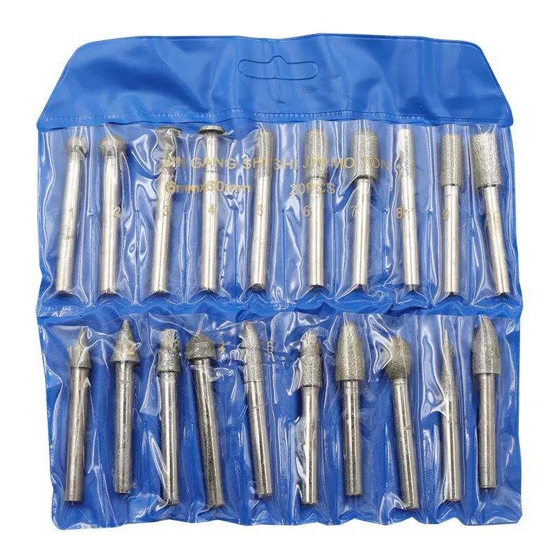 Set di 20 Punte da Smeriglio Diamantate, Gambo da 6mm Grana 120, Strumenti per Incisione su Giada Vetro
