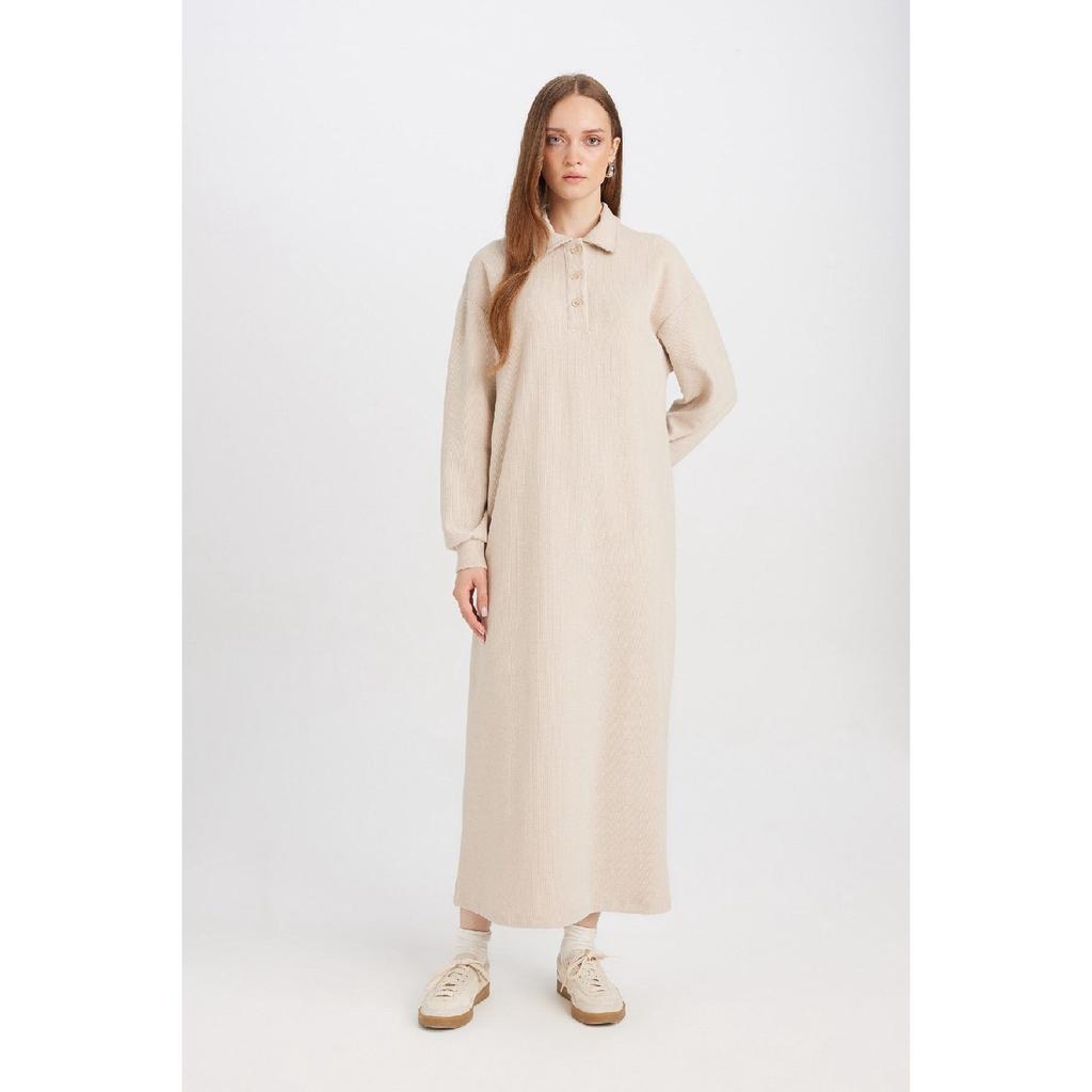 Regular Fit Buttoned Shirt Collar Basic Plain Long Sleeve Selanik Fabric Knitwear Dress B7260ax24wn